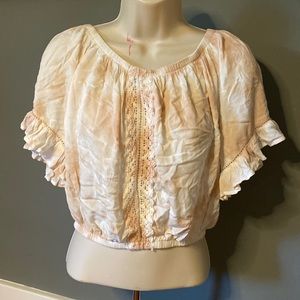 Medium Tan & White Tie Dye Ruffled Crochet Detail Bell Sleeve Crop Top